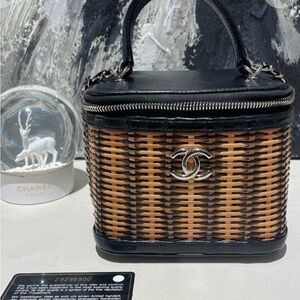 CHANEL Black & Tan Wicker Vanity Top Handle Bag